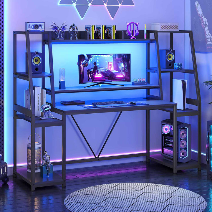 SEDETA® 65.7 Inch LED Ergonomic Gaming Desk Computer Table Workstation with Storage Shelves