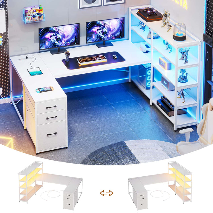 SEDETA® 64.5 Inch Reversible L Shaped Gaming Desk U Shaped Computer Desk with Power Outlet LED Lights and Storage Shelves