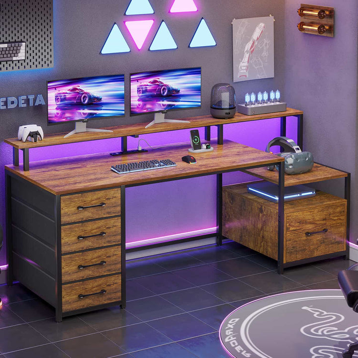 SEDETA - 66 Inch Computer Desk Home Office Desk Gaming Desk with Led Lights Power Outlet 5 File Drawer Storage Shelves Printer Cabinet and Monitor Shelf