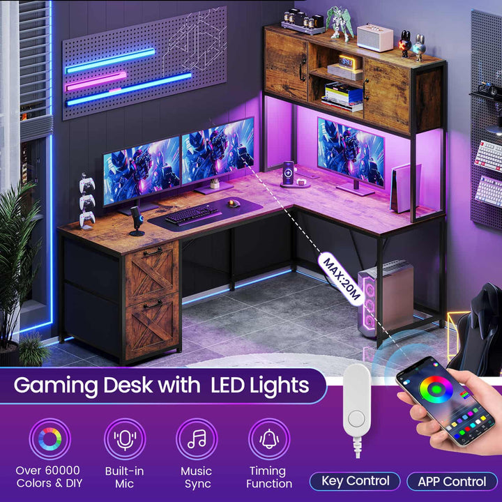 SEDETA - 62.2 Inch L Shaped Gaming Desk Reversible Computer Desk Gaming Desk with Led Lights Power Outlet Fabric Drawers Hutch and Storage Shelf