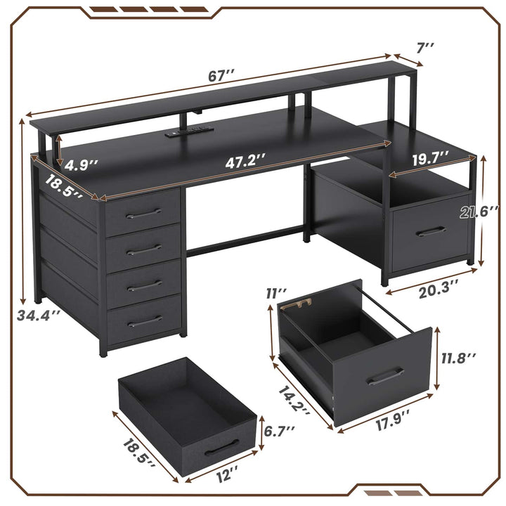 SEDETA - 66 Inch Computer Desk Home Office Desk Gaming Desk with Led Lights Power Outlet 5 File Drawer Storage Shelves Printer Cabinet and Monitor Shelf