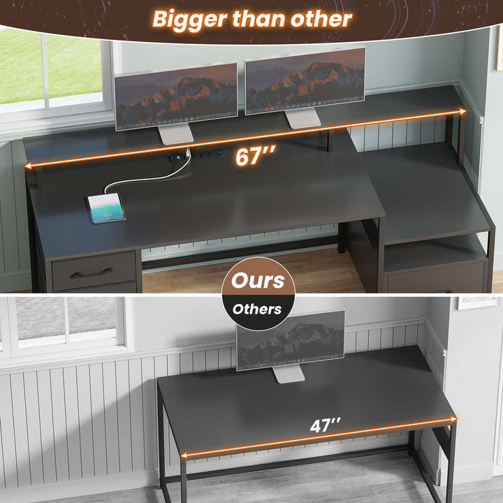 SEDETA - 66 Inch Computer Desk Home Office Desk Gaming Desk with Led Lights Power Outlet 5 File Drawer Storage Shelves Printer Cabinet and Monitor Shelf