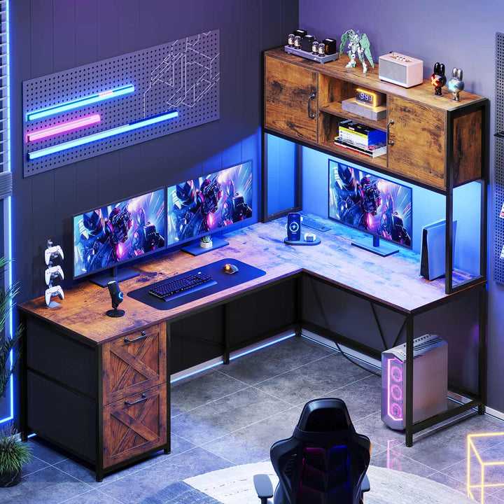 SEDETA - 62.2 Inch L Shaped Gaming Desk Reversible Computer Desk Gaming Desk with Led Lights Power Outlet Fabric Drawers Hutch and Storage Shelf