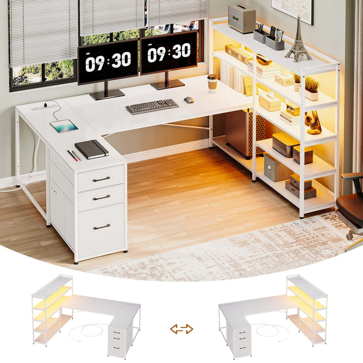 SEDETA® 64.5 Inch Reversible L Shaped Gaming Desk U Shaped Computer Desk with Power Outlet LED Lights and Storage Shelves