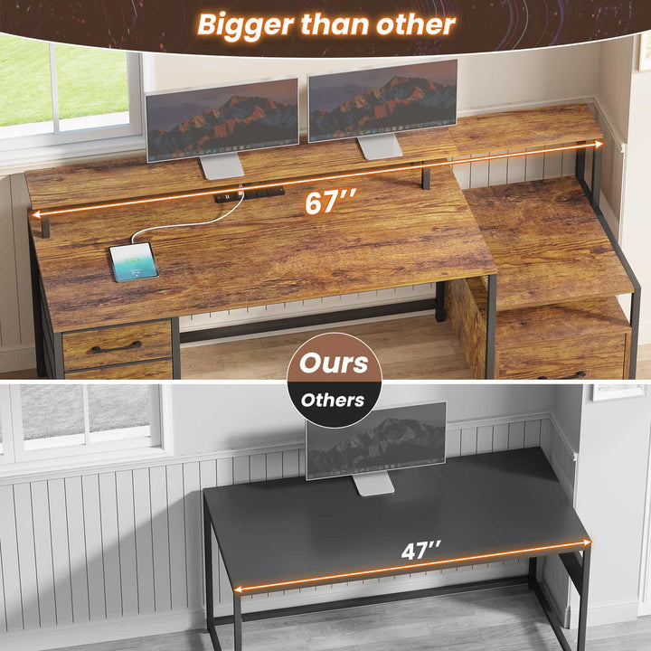 SEDETA - 66 Inch Computer Desk Home Office Desk Gaming Desk with Led Lights Power Outlet 5 File Drawer Storage Shelves Printer Cabinet and Monitor Shelf