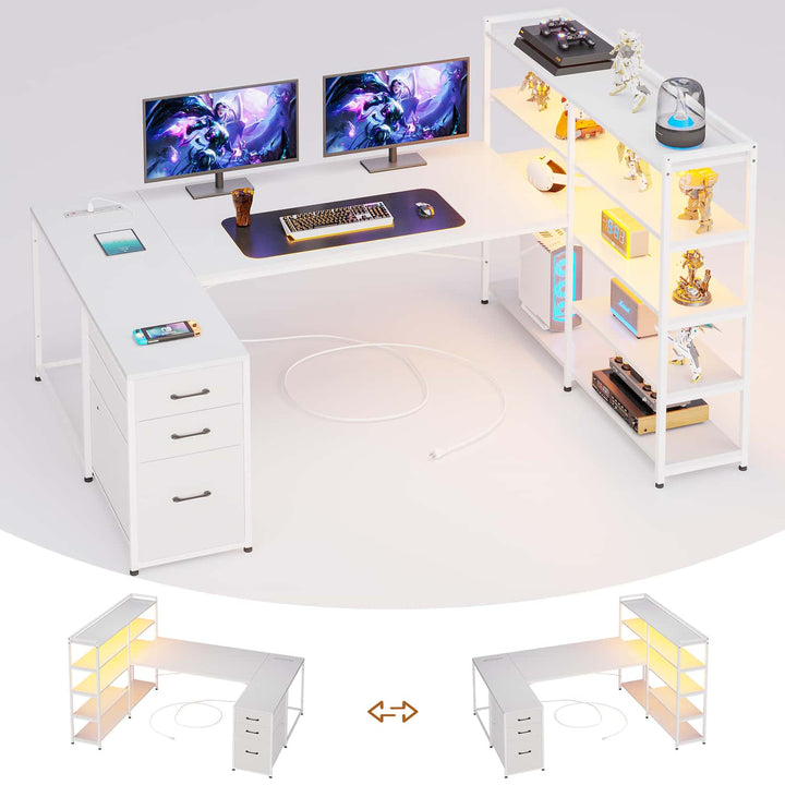 SEDETA® 64.5 Inch Reversible L Shaped Gaming Desk U Shaped Computer Desk with Power Outlet LED Lights and Storage Shelves