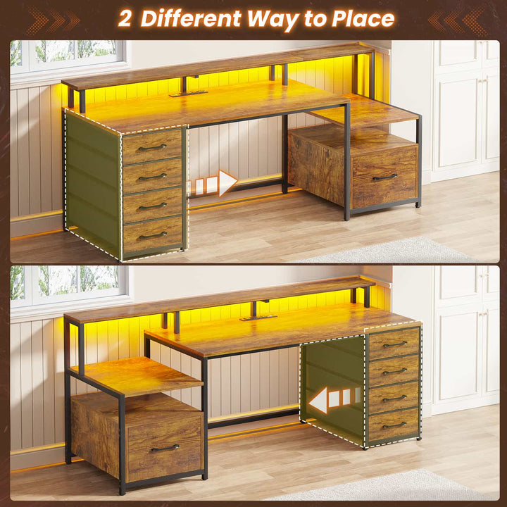 SEDETA - 66 Inch Computer Desk Home Office Desk Gaming Desk with Led Lights Power Outlet 5 File Drawer Storage Shelves Printer Cabinet and Monitor Shelf