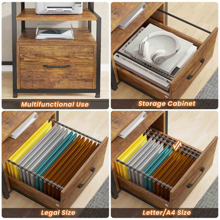 SEDETA - 66 Inch Computer Desk Home Office Desk Gaming Desk with Led Lights Power Outlet 5 File Drawer Storage Shelves Printer Cabinet and Monitor Shelf