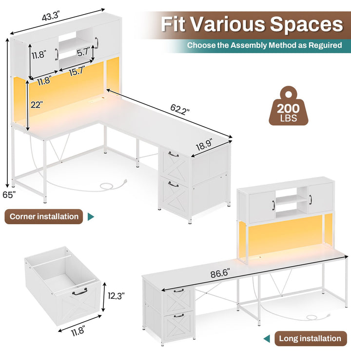 SEDETA - 62.2 Inch L Shaped Gaming Desk Reversible Computer Desk Gaming Desk with Led Lights Power Outlet Fabric Drawers Hutch and Storage Shelf