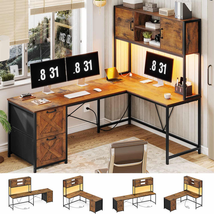 SEDETA - 62.2 Inch L Shaped Gaming Desk Reversible Computer Desk Gaming Desk with Led Lights Power Outlet Fabric Drawers Hutch and Storage Shelf