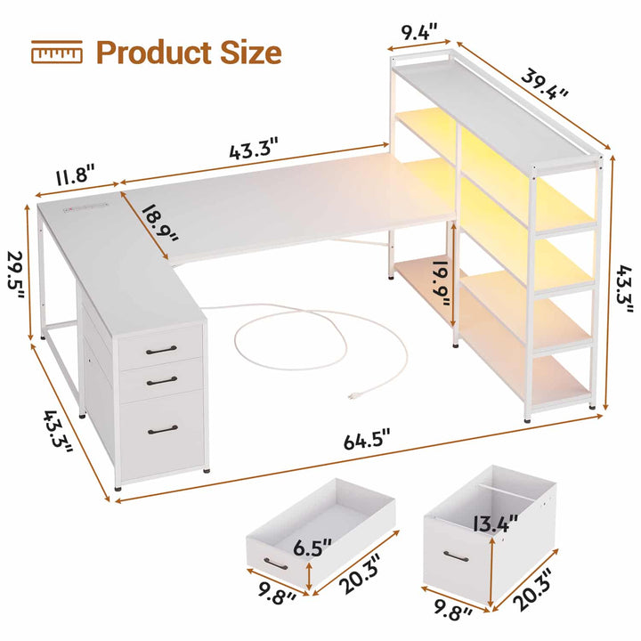SEDETA® 64.5 Inch Reversible L Shaped Gaming Desk U Shaped Computer Desk with Power Outlet LED Lights and Storage Shelves