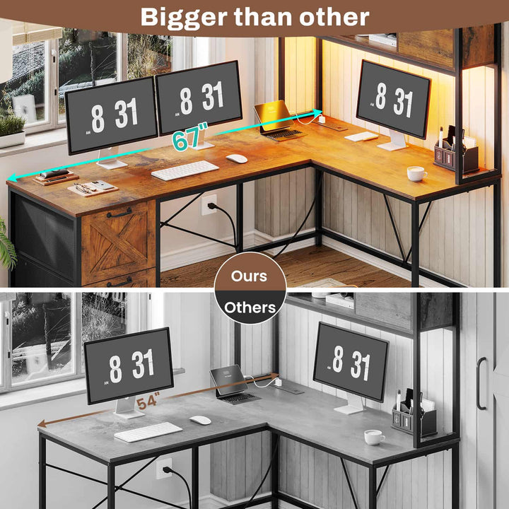SEDETA - 62.2 Inch L Shaped Gaming Desk Reversible Computer Desk Gaming Desk with Led Lights Power Outlet Fabric Drawers Hutch and Storage Shelf