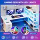 SEDETA® 64.5 Inch Reversible L Shaped Gaming Desk U Shaped Computer Desk with Power Outlet LED Lights and Storage Shelves