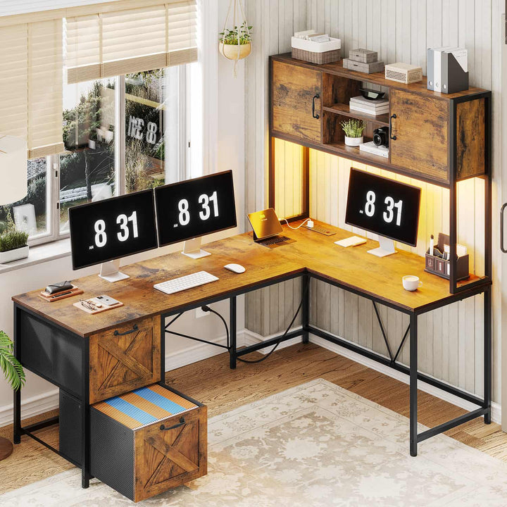 SEDETA - 62.2 Inch L Shaped Gaming Desk Reversible Computer Desk Gaming Desk with Led Lights Power Outlet Fabric Drawers Hutch and Storage Shelf