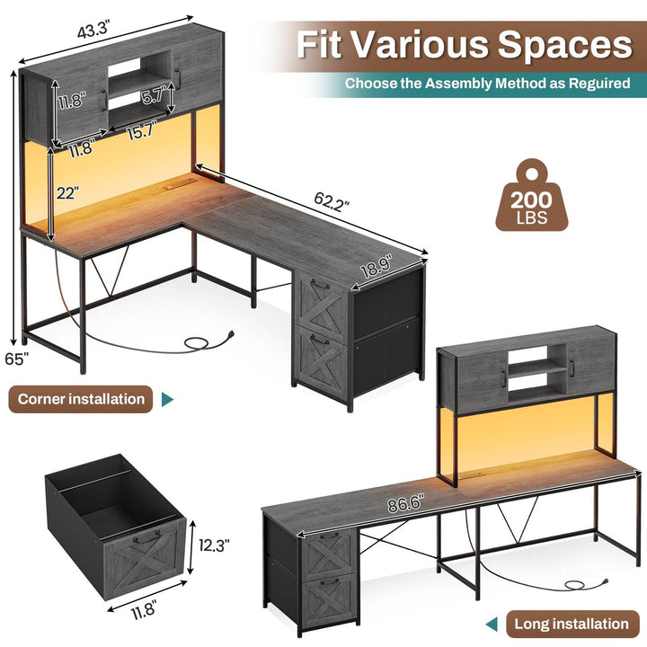 SEDETA - 62.2 Inch L Shaped Gaming Desk Reversible Computer Desk Gaming Desk with Led Lights Power Outlet Fabric Drawers Hutch and Storage Shelf