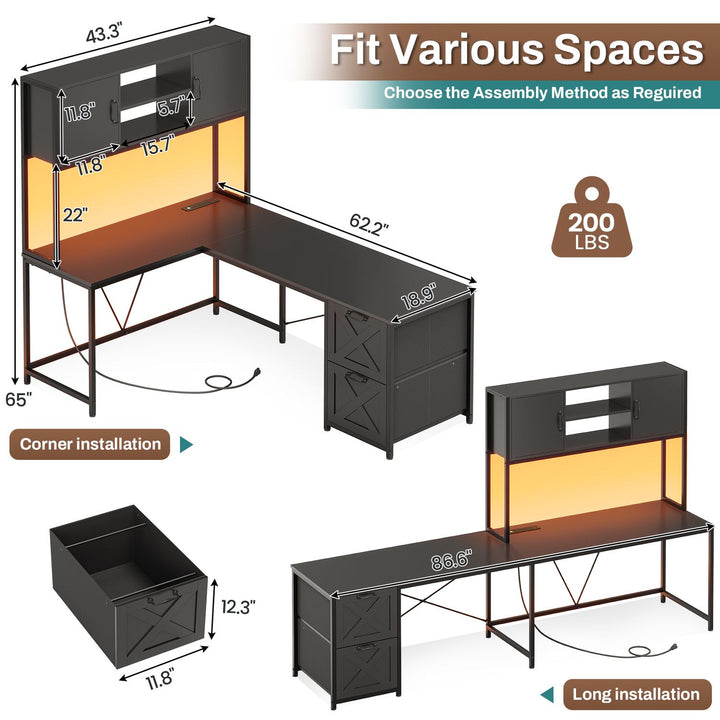 SEDETA - 62.2 Inch L Shaped Gaming Desk Reversible Computer Desk Gaming Desk with Led Lights Power Outlet Fabric Drawers Hutch and Storage Shelf