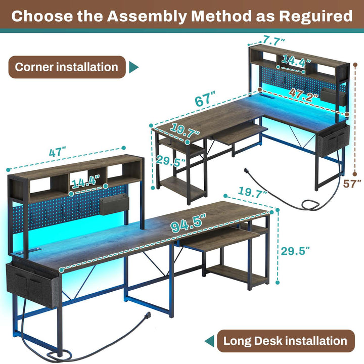 SEDETA - 67 Inch L Shaped Gaming Desk Reversible Computer Desk with Led Lights Power Outlet Pegboard Keyboard Tray and Storage Bag for Home Office