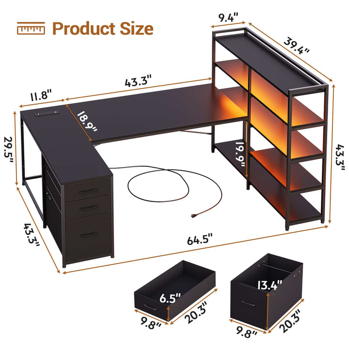 SEDETA® 64.5 Inch Reversible L Shaped Gaming Desk U Shaped Computer Desk with Power Outlet LED Lights and Storage Shelves
