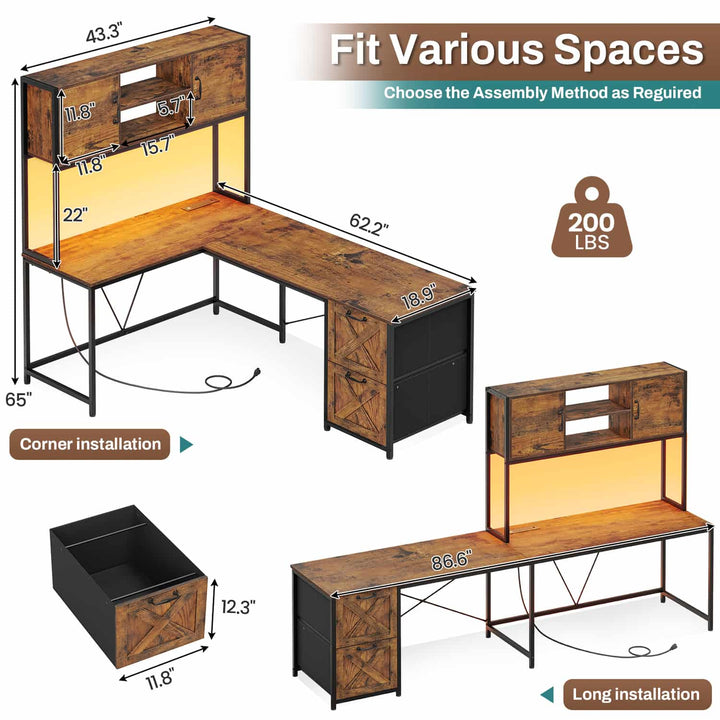 SEDETA - 62.2 Inch L Shaped Gaming Desk Reversible Computer Desk Gaming Desk with Led Lights Power Outlet Fabric Drawers Hutch and Storage Shelf