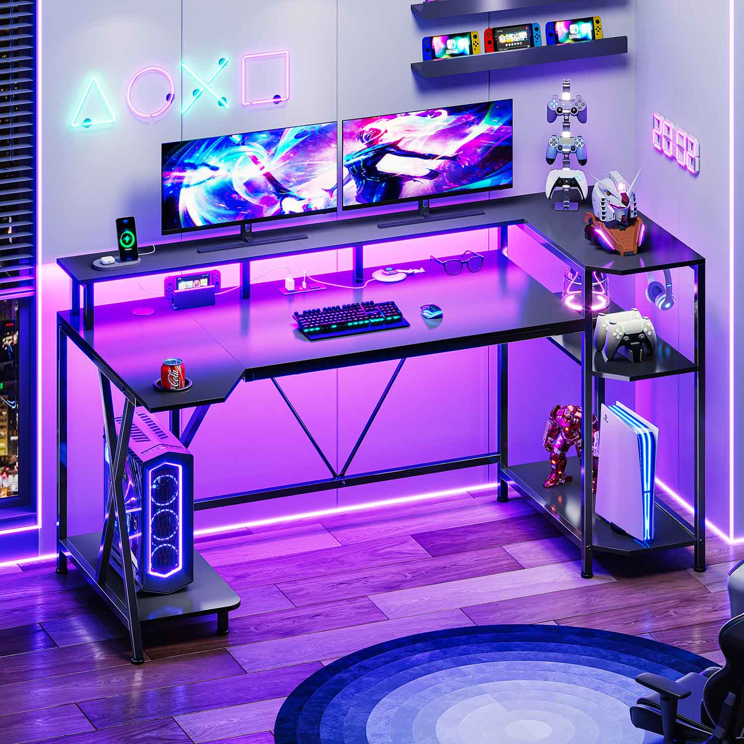 SEDETA 55 Inch Gaming Desk with LED Lights and Storage Shelves for Bed