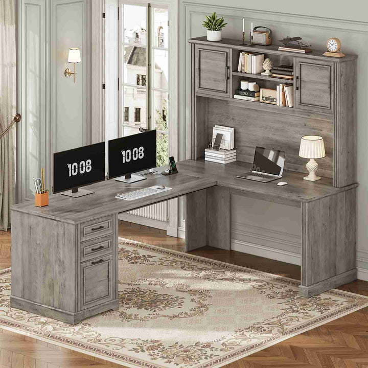 SEDETA | 68.9 Inch L Shaped Executive Desk Farmhouse Computer Table with File Drawer and Storage Shelves for Home Office