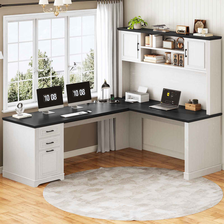 SEDETA | 68.9 Inch L Shaped Executive Desk Farmhouse Computer Table with File Drawer and Storage Shelves for Home Office