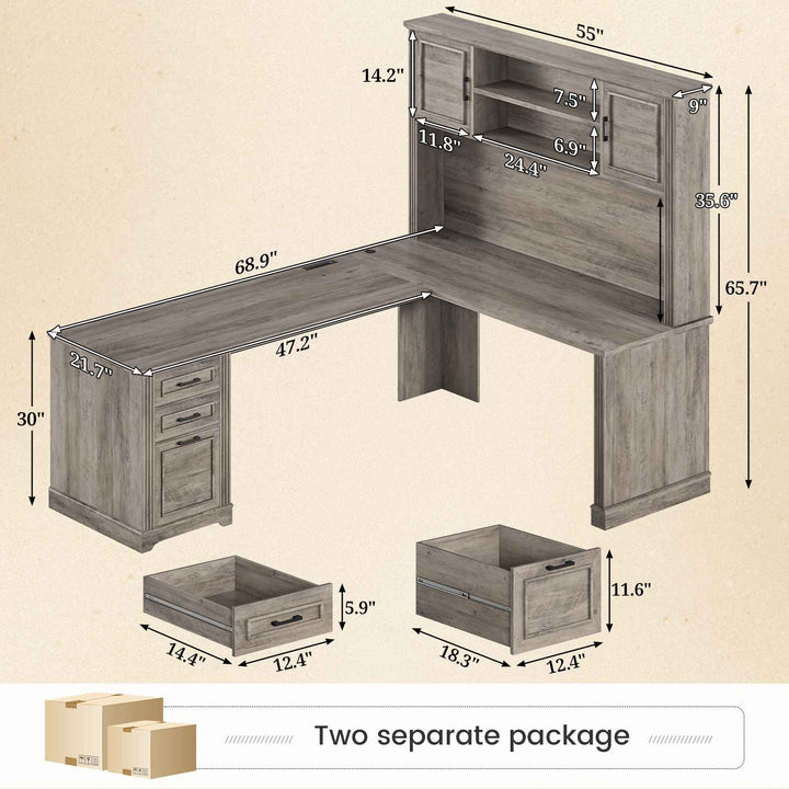SEDETA | 68.9 Inch L Shaped Executive Desk Farmhouse Computer Table with File Drawer and Storage Shelves for Home Office