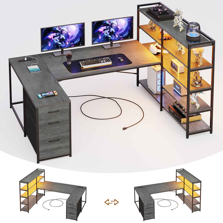 SEDETA® 64.5 Inch Reversible L Shaped Gaming Desk U Shaped Computer Desk with Power Outlet LED Lights and Storage Shelves