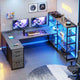 SEDETA® 64.5 Inch Reversible L Shaped Gaming Desk U Shaped Computer Desk with Power Outlet LED Lights and Storage Shelves