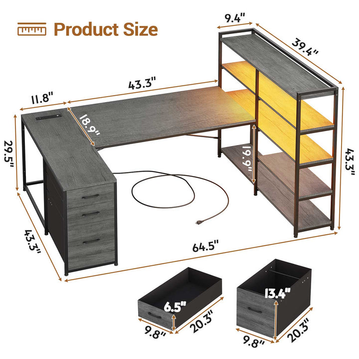 SEDETA® 64.5 Inch Reversible L Shaped Gaming Desk U Shaped Computer Desk with Power Outlet LED Lights and Storage Shelves