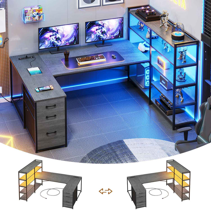 SEDETA® 64.5 Inch Reversible L Shaped Gaming Desk U Shaped Computer Desk with Power Outlet LED Lights and Storage Shelves