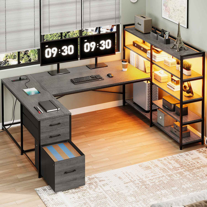 SEDETA® 64.5 Inch Reversible L Shaped Gaming Desk U Shaped Computer Desk with Power Outlet LED Lights and Storage Shelves