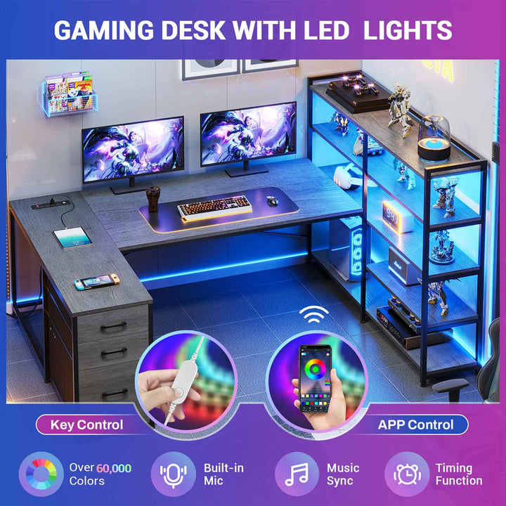 SEDETA® 64.5 Inch Reversible L Shaped Gaming Desk U Shaped Computer Desk with Power Outlet LED Lights and Storage Shelves