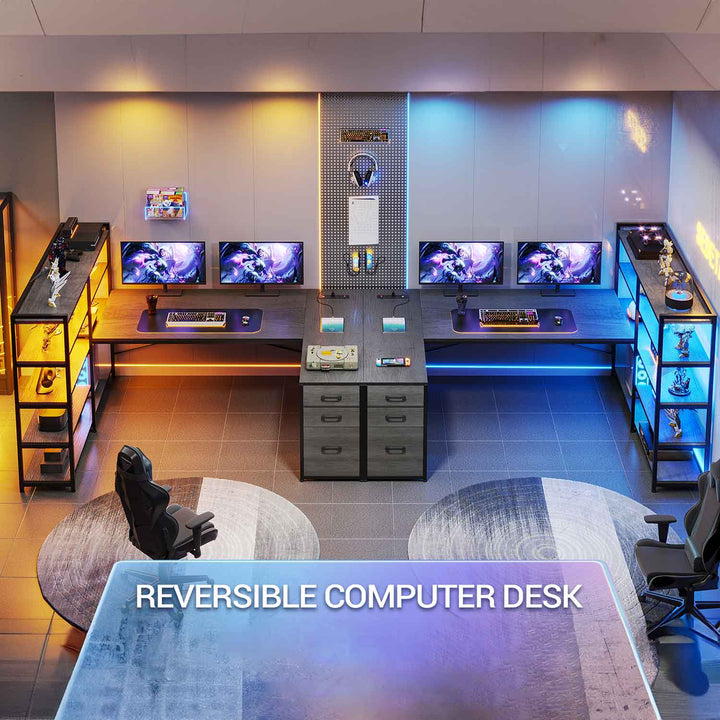SEDETA® 64.5 Inch Reversible L Shaped Gaming Desk U Shaped Computer Desk with Power Outlet LED Lights and Storage Shelves