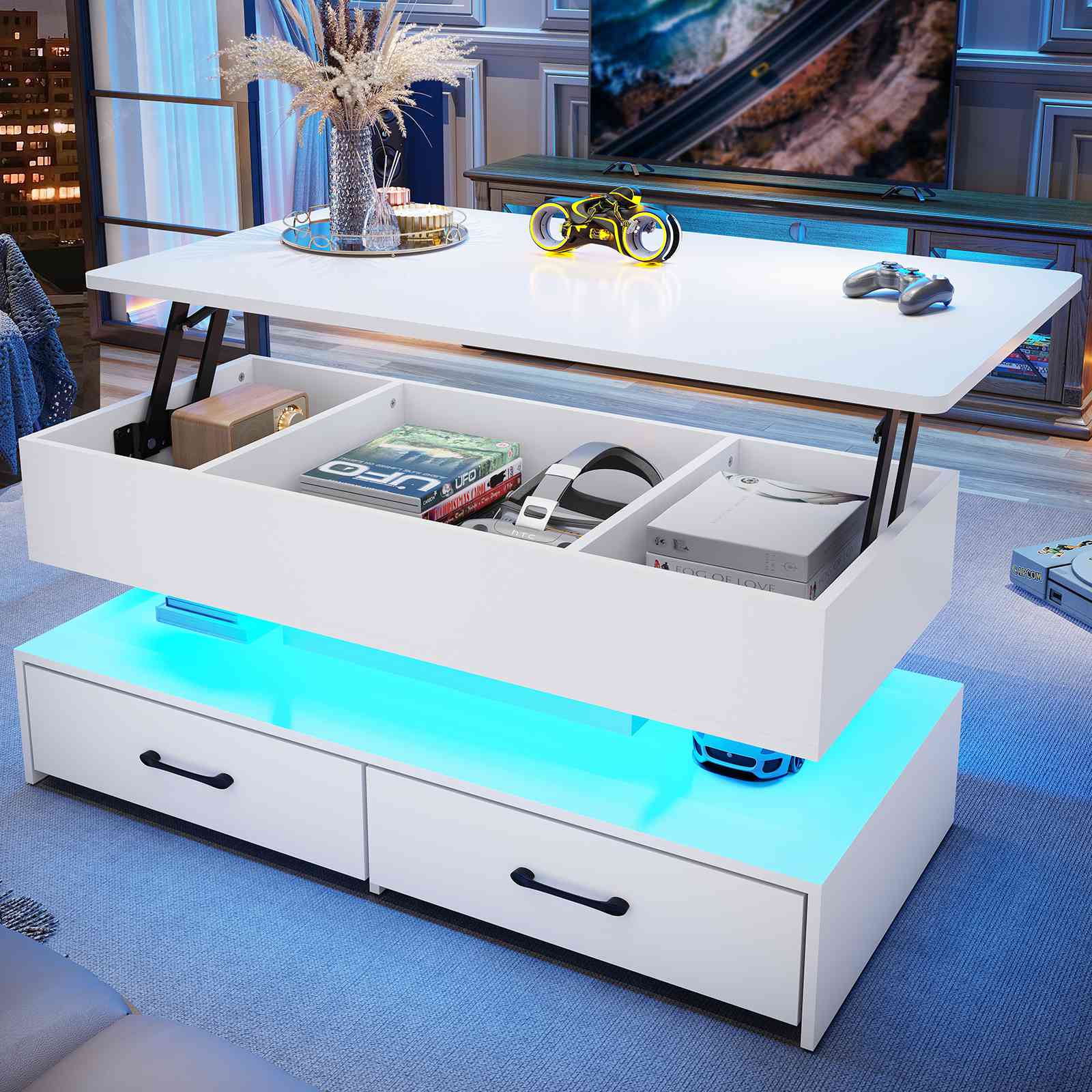 SEDETA | 40 Inch 2-in-1 Lift Top Coffee Table with Led Lights and Stor