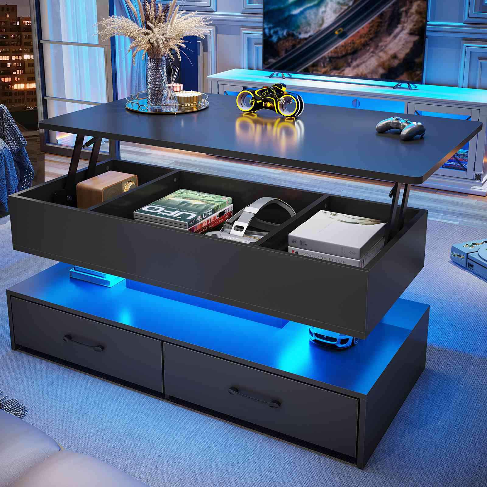 SEDETA 40 Inch Lift Top Coffee Table with Led Lights Storage for Livin