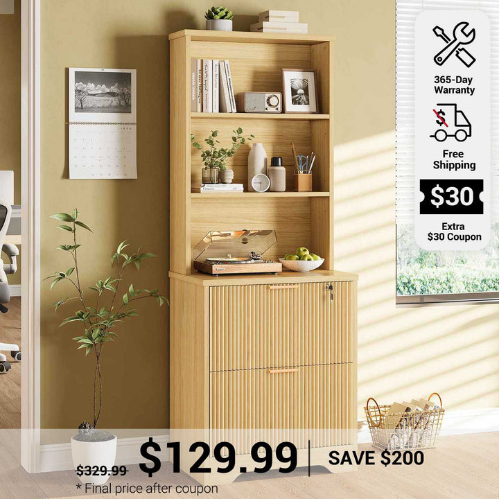 SEDETA Fluted File Cabinet with Lock Farmhouse Wood Filing Cabinet fits Letter Legal A4 Size Hanging File Folders with 2 Drawer Adjustable Storage Shelf for Home Office