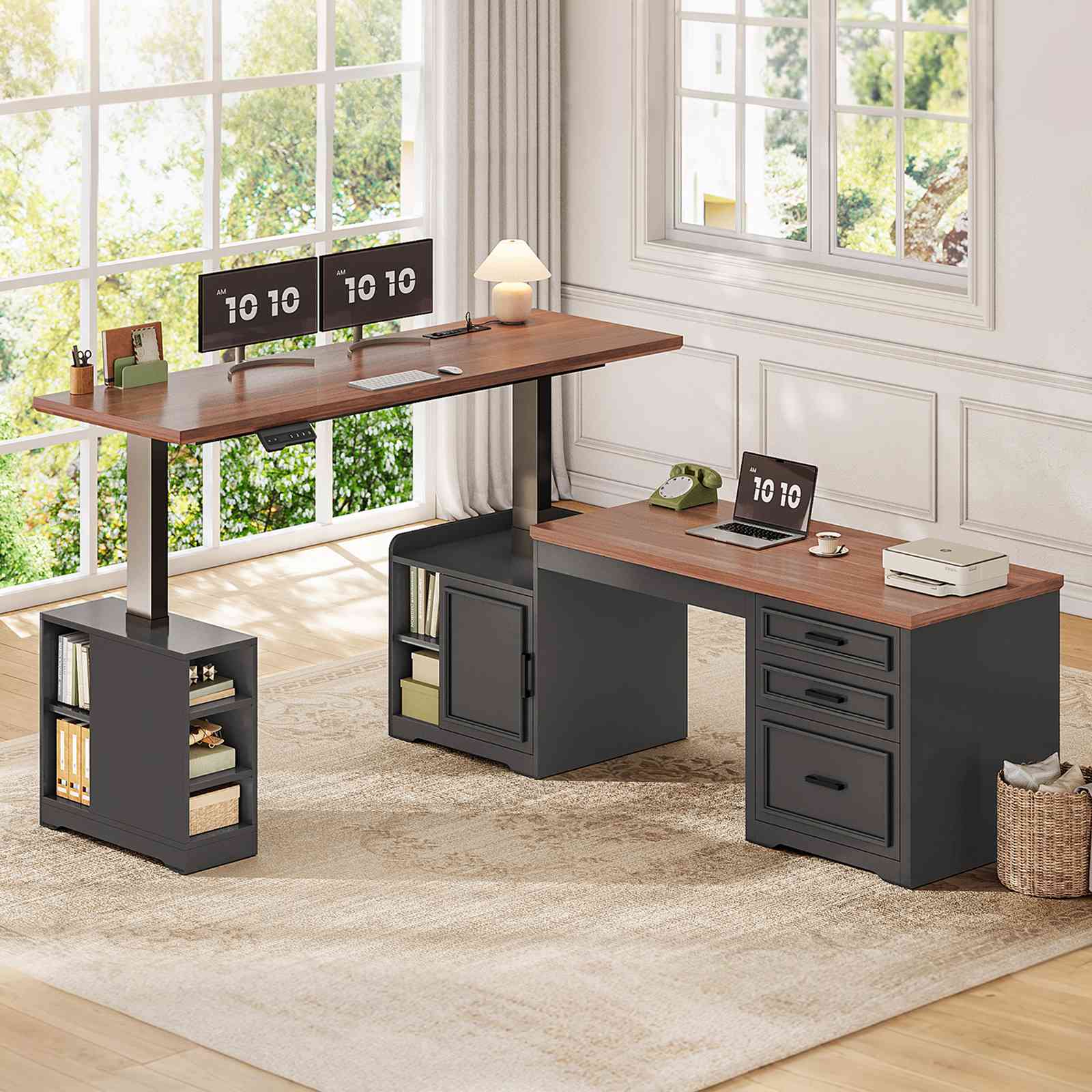 SEDETA | 63 Inch Farmhouse Electric Standing Desk Height Adjustable L Shaped Office Computer Desk with Drawers Shelves and Power Outlet