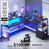 SEDETA® 51 Inch Corner LED Gaming Desk Home Office Computer Table with File Drawer