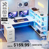 SEDETA® 64.5 Inch Reversible L Shaped Gaming Desk U Shaped Computer Desk with Power Outlet LED Lights and Storage Shelves