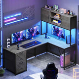 SEDETA - 62.2 Inch L Shaped Gaming Desk Reversible Computer Desk Gaming Desk with Led Lights Power Outlet Fabric Drawers Hutch and Storage Shelf