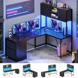 SEDETA - 62.2 Inch L Shaped Gaming Desk Reversible Computer Desk Gaming Desk with Led Lights Power Outlet Fabric Drawers Hutch and Storage Shelf