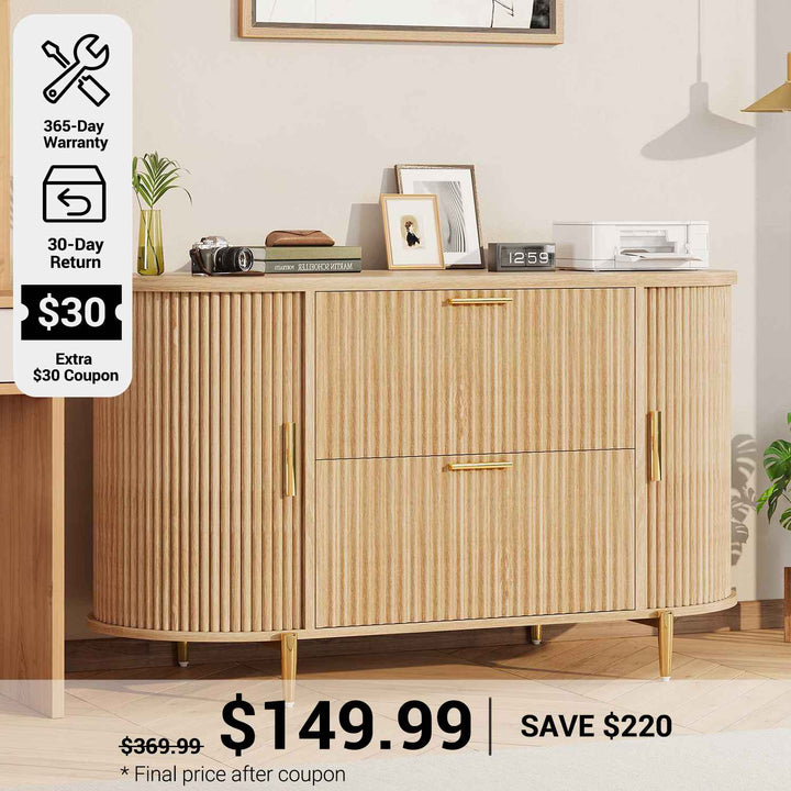 SEDETA® 39.4 Inch Home Office File Cabinet Curved Sliding Cabinet Modern Light Luxury Design Fluted Filing Cabinets and 2 Drawers