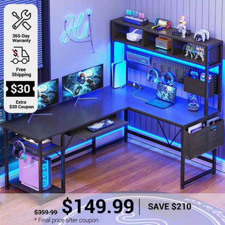 SEDETA 57.5 Inch L Shaped Reversible Corner Computer Desk Gaming Desk with LED Lights Power Outlet Pegboard
