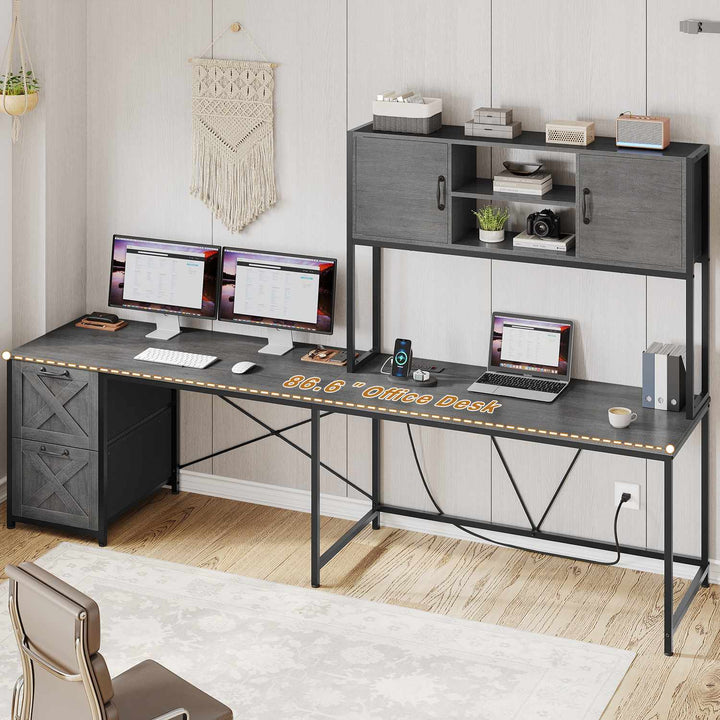 SEDETA - 62.2 Inch L Shaped Gaming Desk Reversible Computer Desk Gaming Desk with Led Lights Power Outlet Fabric Drawers Hutch and Storage Shelf