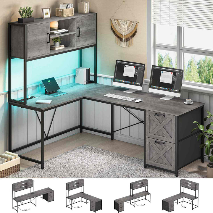 SEDETA - 62.2 Inch L Shaped Gaming Desk Reversible Computer Desk Gaming Desk with Led Lights Power Outlet Fabric Drawers Hutch and Storage Shelf