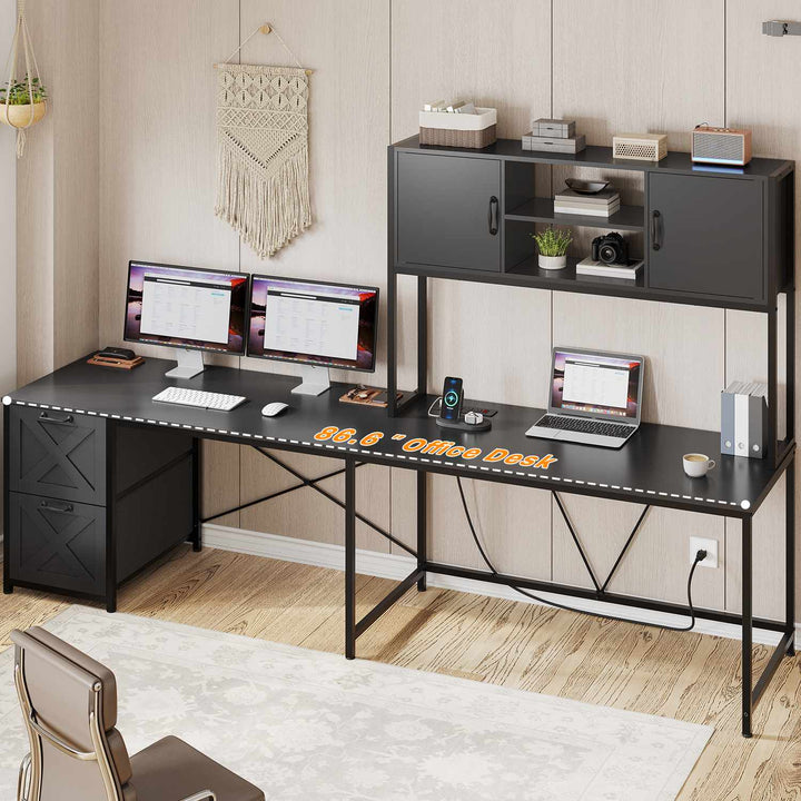 SEDETA - 62.2 Inch L Shaped Gaming Desk Reversible Computer Desk Gaming Desk with Led Lights Power Outlet Fabric Drawers Hutch and Storage Shelf