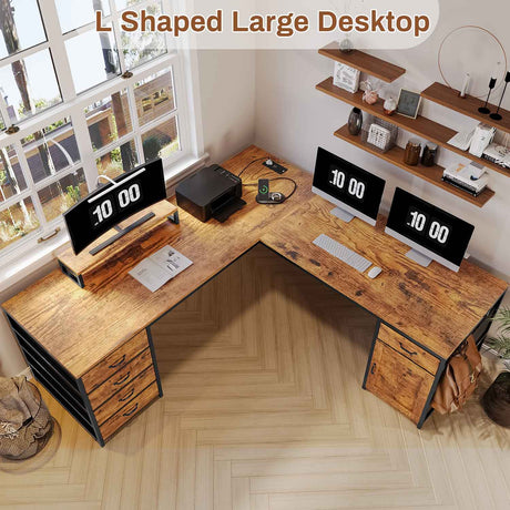 SEDETA - 63 Inch L Shaped Desk Computer Desk with 5 Drawer & Power Outlet Long Home Office Desk or Corner Desk L Shaped Corner Desk with Monitor Shelf Storage Cabinet