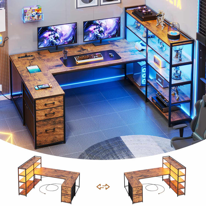 SEDETA® 64.5 Inch Reversible L Shaped Gaming Desk U Shaped Computer Desk with Power Outlet LED Lights and Storage Shelves