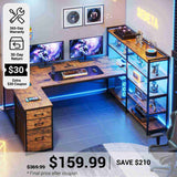 SEDETA® 64.5 Inch Reversible L Shaped Gaming Desk U Shaped Computer Desk with Power Outlet LED Lights and Storage Shelves